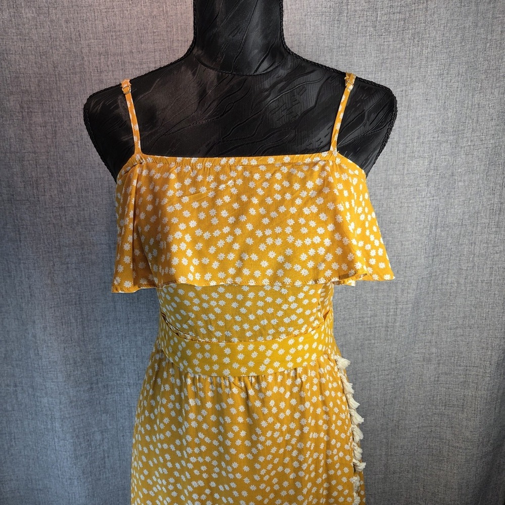 THML Beachy Yellow Tassel Maxi Dress Boho White Daisies Wrap Style XL Belt NWT